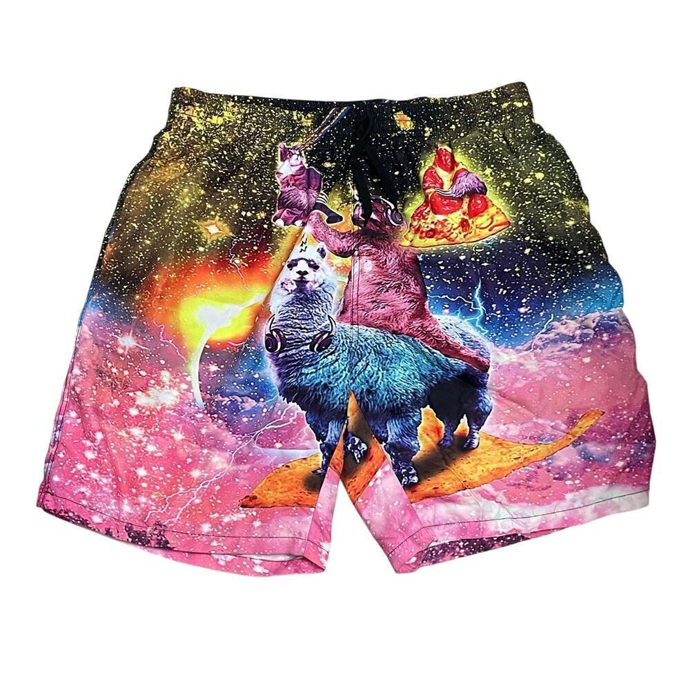 Mens Size 2XL Colorful Swim Trunks Graphic Print Mesh Lined Pockets